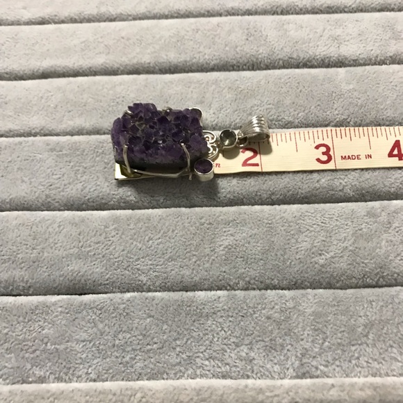 New Sterling Silver Large Purple Amethyst Druzy Pendant Green Accent Crystal Gem - Picture 8 of 14